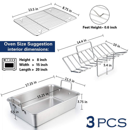 16” Roaster Roasting Pan with Baking Rack and V-shaped Rack, P&P CHEF Stainless Steel Rectangular Lasagna Pan with Handles for Turkey Chicken, Heavy Duty & Healthy & Dishwasher Safe, 3 Pieces - CookCave