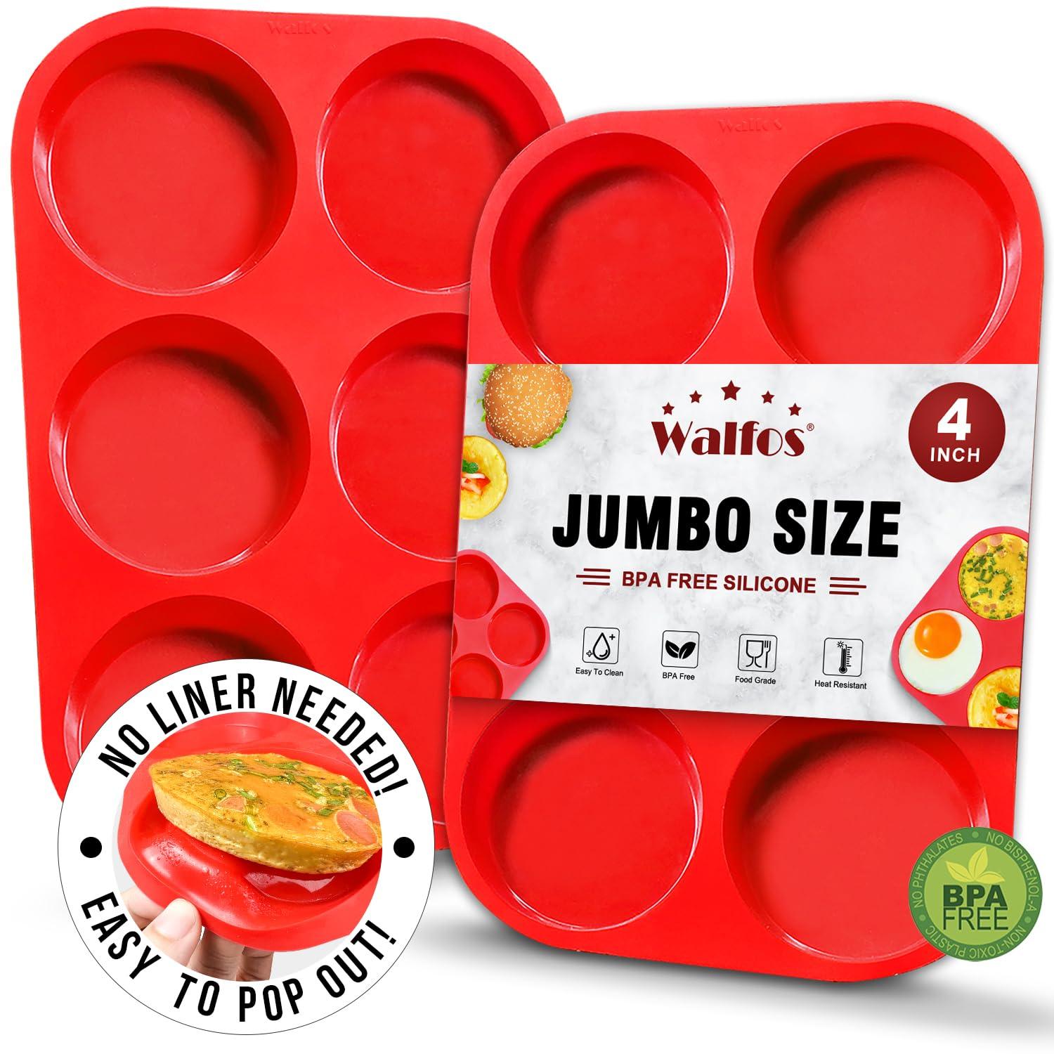 Walfos Silicone Muffin Top Pans for Baking 4inch Jumbo Size, Perfect Results Premium Non-Stick Bakeware Egg Baking Pan, Great for Eggs, Hamburger Bun, Muffin Top and More, Food Grade & BPA Free, 2pcs - CookCave