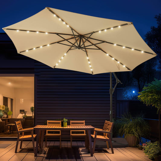 wikiwiki 10ft Solar LED Offset Hanging Market Patio Umbrella for Backyard, Poolside, Lawn and Garden,Easy Tilt Adjustment, Polyester Shade & Cross Base(Beige) - CookCave