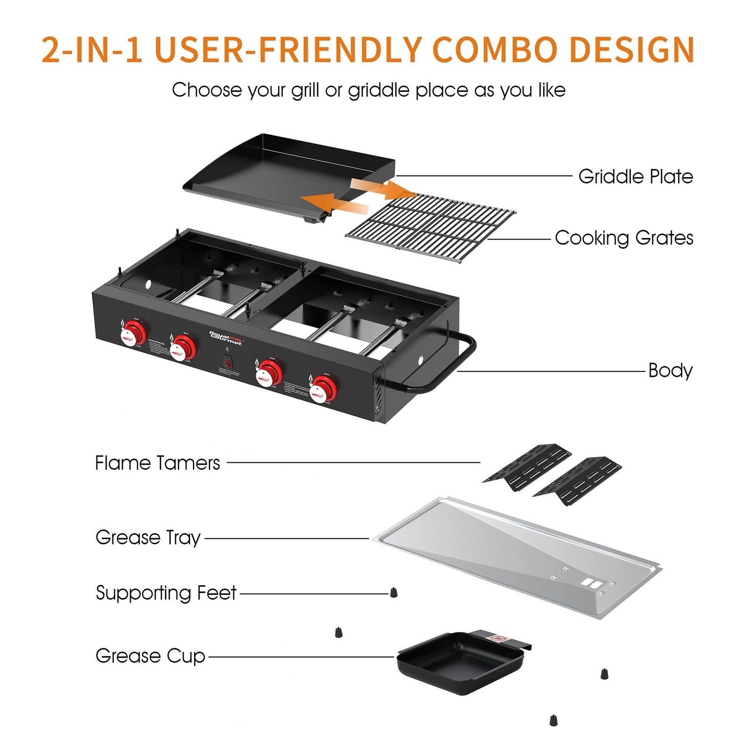 Royal Gourmet GD4002T Tailgater Tabletop Gas Grill Griddle, 4-Burner Portable Propane Grill Griddle Combo, for Backyard or Outdoor BBQ Cooking, 40,000 BTU, Black - CookCave