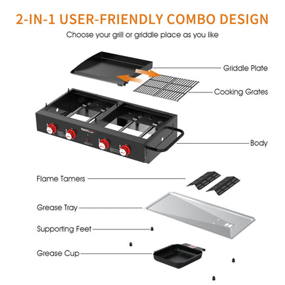 Royal Gourmet GD4002T Tailgater Tabletop Gas Grill Griddle, 4-Burner Portable Propane Grill Griddle Combo, for Backyard or Outdoor BBQ Cooking, 40,000 BTU, Black - CookCave