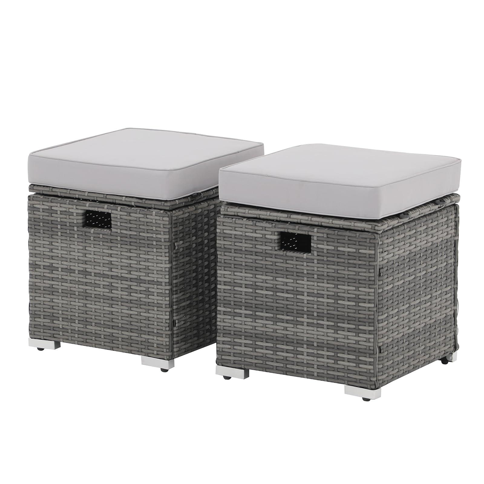 Patiorama 2 Piece Outdoor Patio Ottomans,All-Weather Grey PE Rattan Wicker Ottoman with Storage,Outdoor Footrest Footstool Seat w/Thick Cushion,Built-in Handle for Backyard Poolside Porch (Light Grey) - CookCave