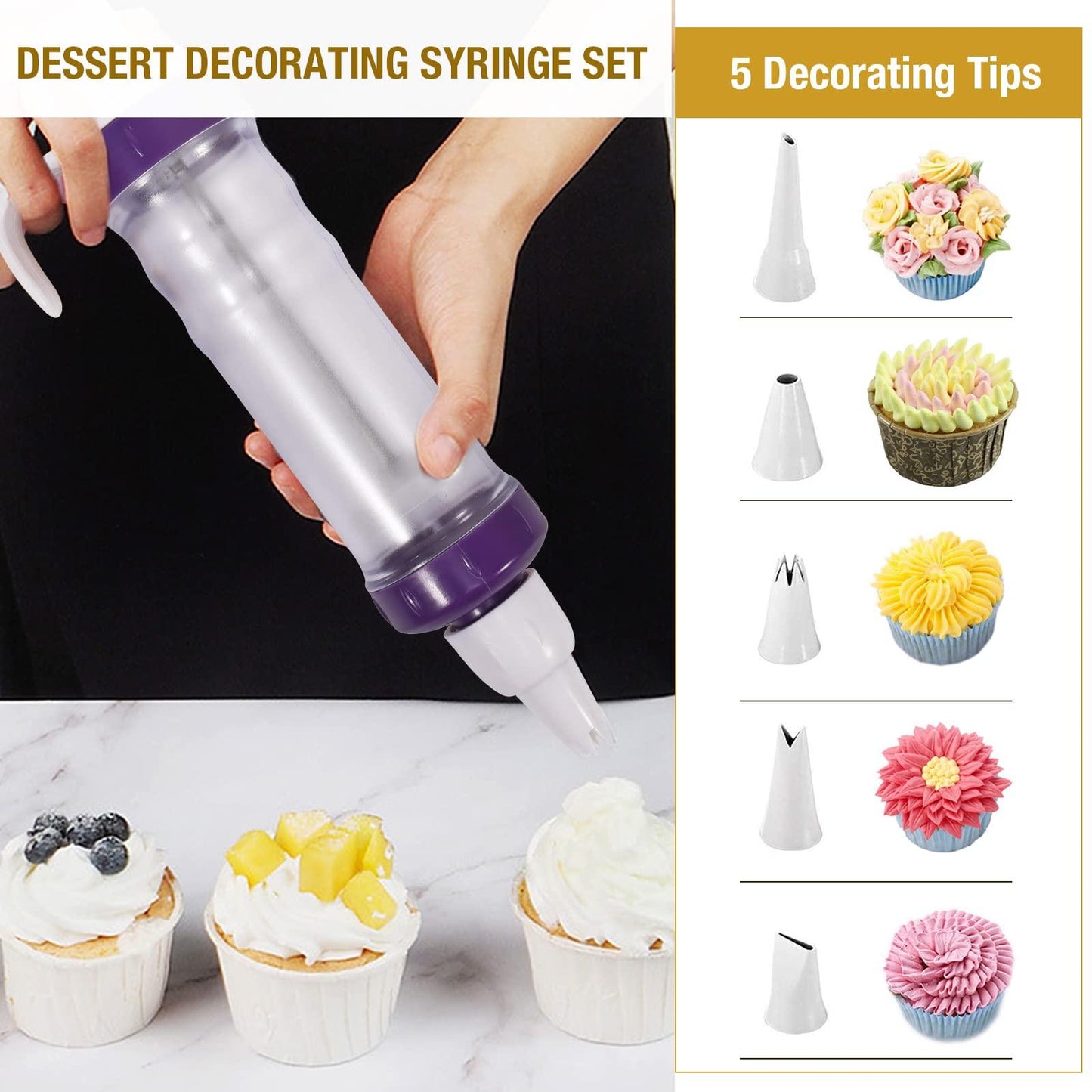 Dessert Decorating Syringe Set, Icing Dispenser Cupcake Filling Injector, 7 Icing Nozzles, 3 Cream Scrapers Frosting Making Dessert Cream Piping Syringe Nozzles Kits for Cake Cookies Decoration - CookCave