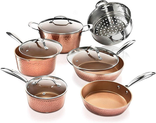 Gotham Steel Hammered Copper 10 Pc Pots and Pans Set Non Stick Cookware Set, Non Toxic Ceramic Cookware Set, Kitchen Cookware Sets with Induction Cookware, Pot and Pan Set, Oven/Dishwasher Safe - CookCave