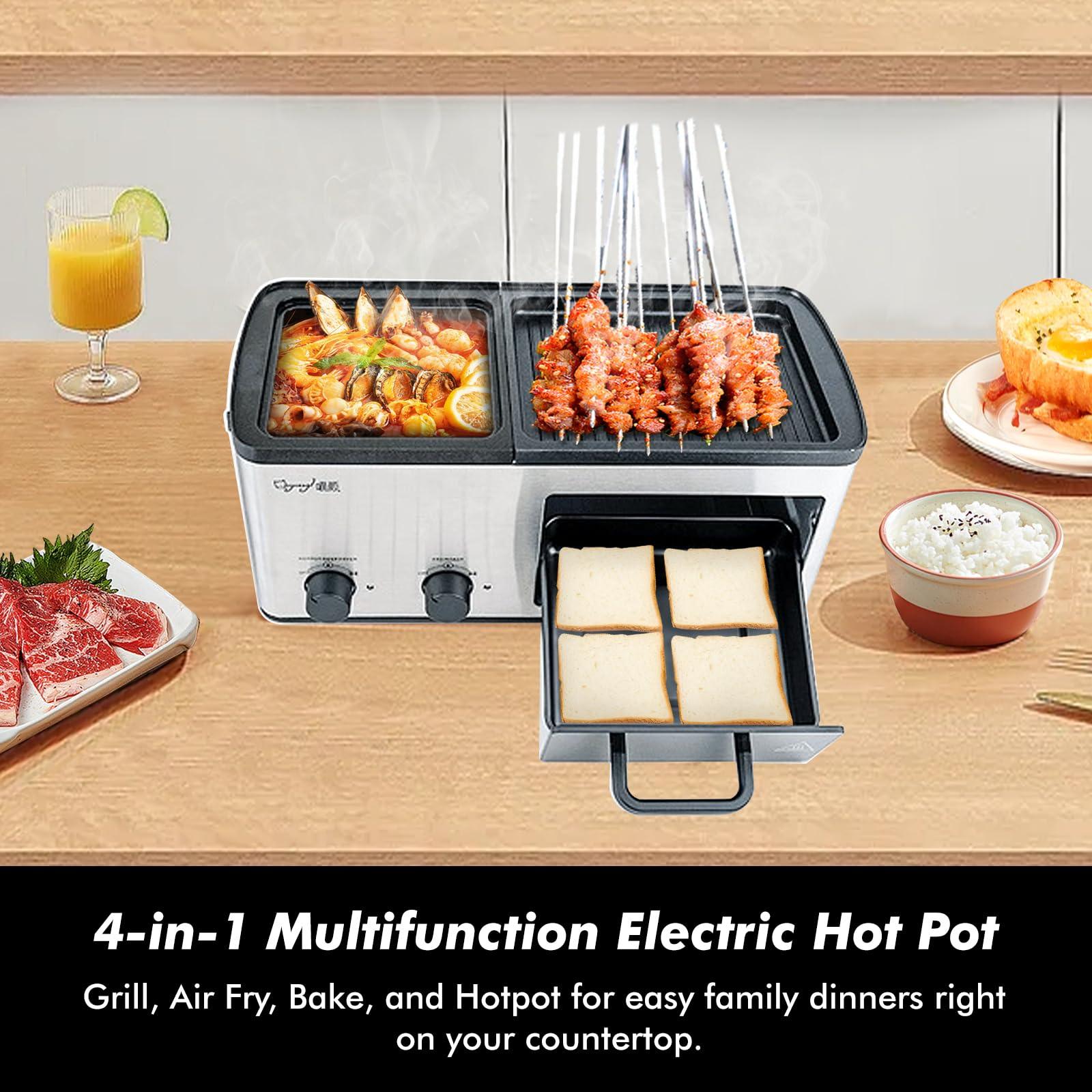 4 in 1 Hot Pot Electric with Grill and Frying Basket, Non-Stick Multi-Cooker with Independent Dual Temperature Control and Fast Heating for Korean BBQ, Simmer, Boil, Fry, Roast, Silver - CookCave