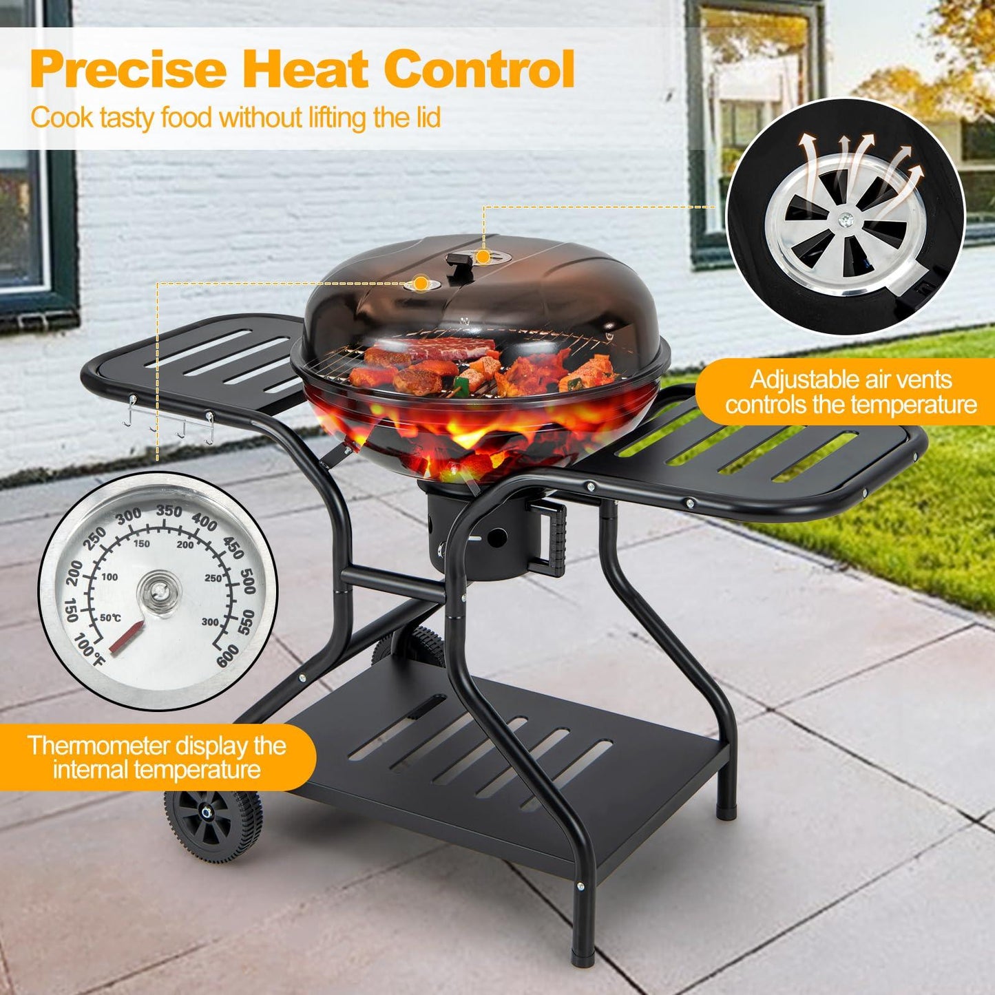 Giantex Kettle Charcoal Grill 22-Inch, Porcelain Enamel Body and Lid, 2 Side Tables with 4 Hooks, Storage Shelf, Upgraded Ash Catcher, Thermometer, Air Vents, Outdoor Cooking Barbecue Grill - CookCave