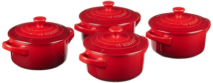 Le Creuset Stoneware Set of 4 Mini Cocottes with Cookbook, 8 oz. each, Cerise - CookCave