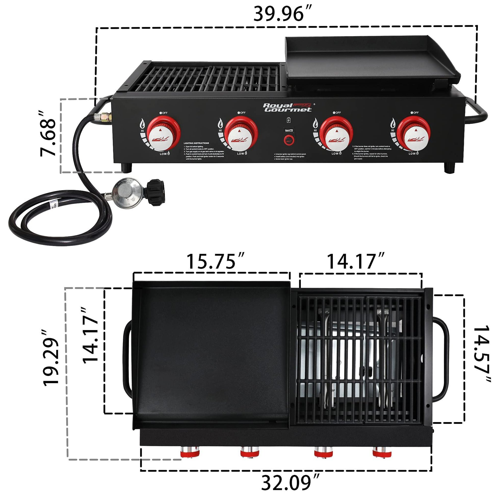 Royal Gourmet GD4002T Tailgater Tabletop Gas Grill Griddle, 4-Burner Portable Propane Grill Griddle Combo, for Backyard or Outdoor BBQ Cooking, 40,000 BTU, Black - CookCave