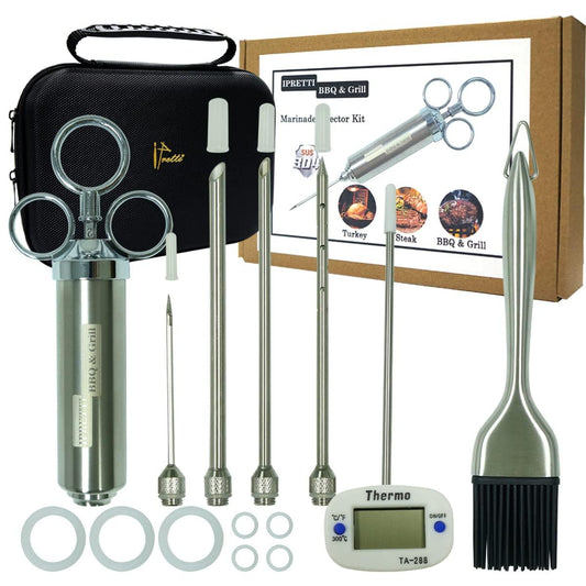 Ipretti 304 Stainless Steel Meat Marinade Injector Kit with Case,2oz Meat Injector Syringe Kit with 4 Marinade Seasoning Needle,Thermo,Stainless Steel Oil Brush for BBQ & Grill Smoker,Turkey & Brisket - CookCave