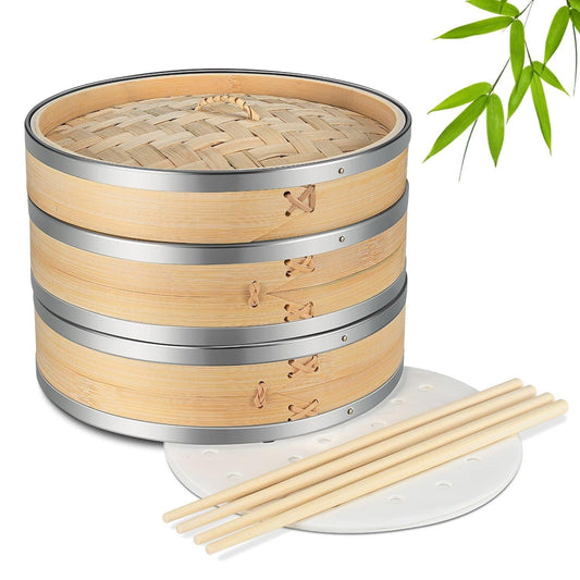 Flexzion Bamboo Steamer Basket Set (10 inch) with Stainless Steel Banding, 50 x Steamer Liners and 2 Pairs of Chopsticks, Steam Baskets for DimSum Dumplings, Rice, Vegetables, Fish and Meat - CookCave