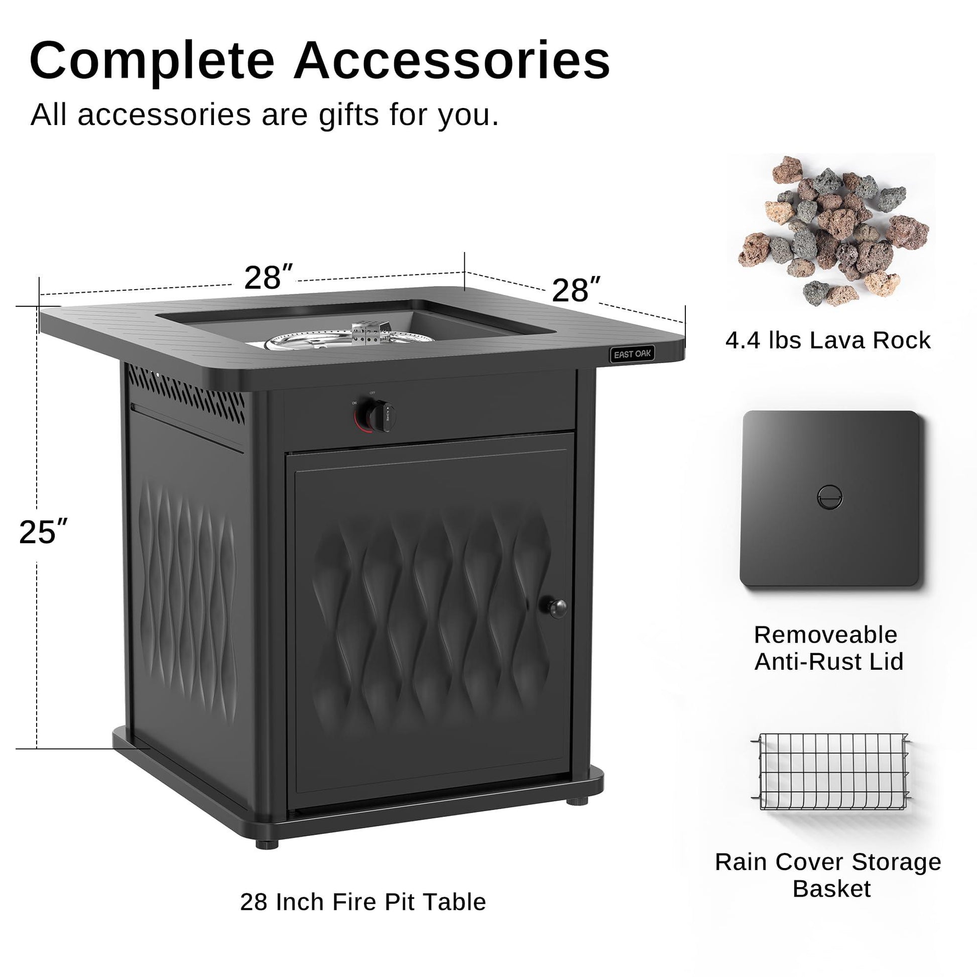 EAST OAK 28'' Propane Fire Pit Table, 50,000 BTU Steel Gas FirePit for Outdoor, Outside Patio Deck and Garden, CSA Certified Fire Table with Magnetic Lid, Cover-Storage Basket and Lava Rock , Black - CookCave