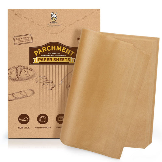 Katbite 75Pcs Unbleached Parchment Paper Sheets 12x16IN, Pre-Cut Heavy Duty Parchment Baking Paper, Non-Stick Half Sheet Brown Baking Parchment Paper for Air Fryer, Baking Cookie Pans, Oven - CookCave