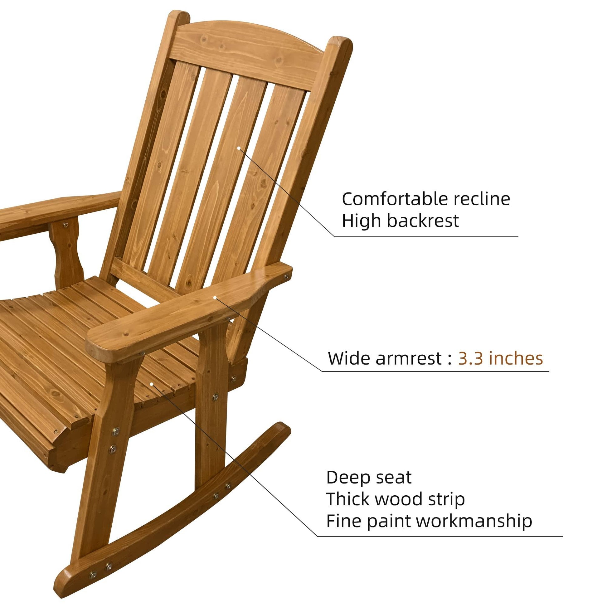 Wooden Rocking Chair with Comfortable Backrest Inclination, High Backrest and Deep Contoured Seat, Solid Fir Wood, Heavy Duty 600 LBS, for Both Outdoor and Indoor, Backyard, Porch and Patio - CookCave