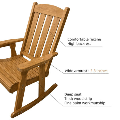 Wooden Rocking Chair with Comfortable Backrest Inclination, High Backrest and Deep Contoured Seat, Solid Fir Wood, Heavy Duty 600 LBS, for Both Outdoor and Indoor, Backyard, Porch and Patio - CookCave