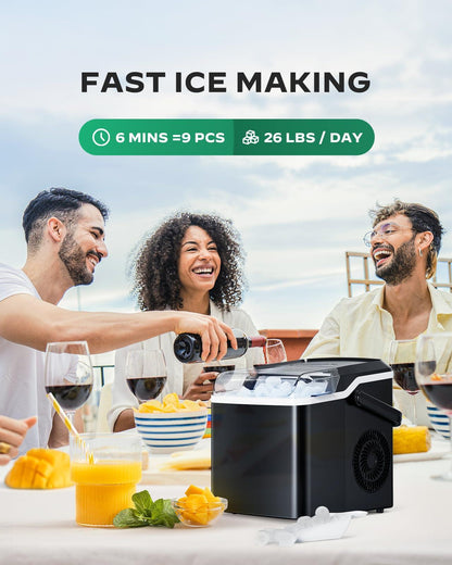 Silonn Countertop Ice Maker - 9 Cubes Ready in 6 Mins, 26lbs in 24Hrs, Portable Ice Machine with Self-Cleaning, 2 Sizes of Bullet Ice for Home/Kitchen/Party/RV, Black - CookCave