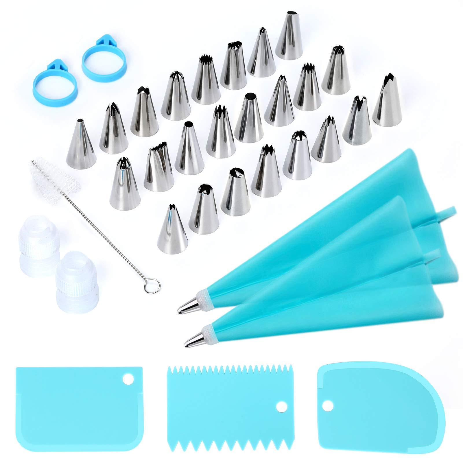 34Pcs Piping Bags and Tips Set, Bake Cake Decorating Kit with 24 Stainless Steel Tips, 2 Reusable Silicone Pastry Bags, 3 Icing Smoother, 2 Couplers, 2 Frosting Bags Ties and 1Pipe Brush - CookCave