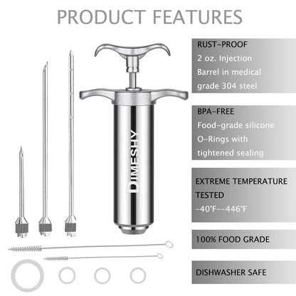 Heavy duty 304 Stainless Steel Meat Injector Kit with 2-oz Large Capacity Barrel with 3 commercial Marinade Needles - CookCave