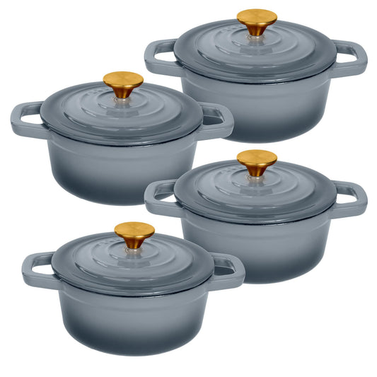 Lexi Home Cast Iron Enameled Mini Baking Dishes with Lid 4", Casserole Dish, Oven Pan for Serving and Cooking Lasagna, Casseroles, Roasting Meats & More, Kitchen Cookware - Grey 4 Pc Set - CookCave