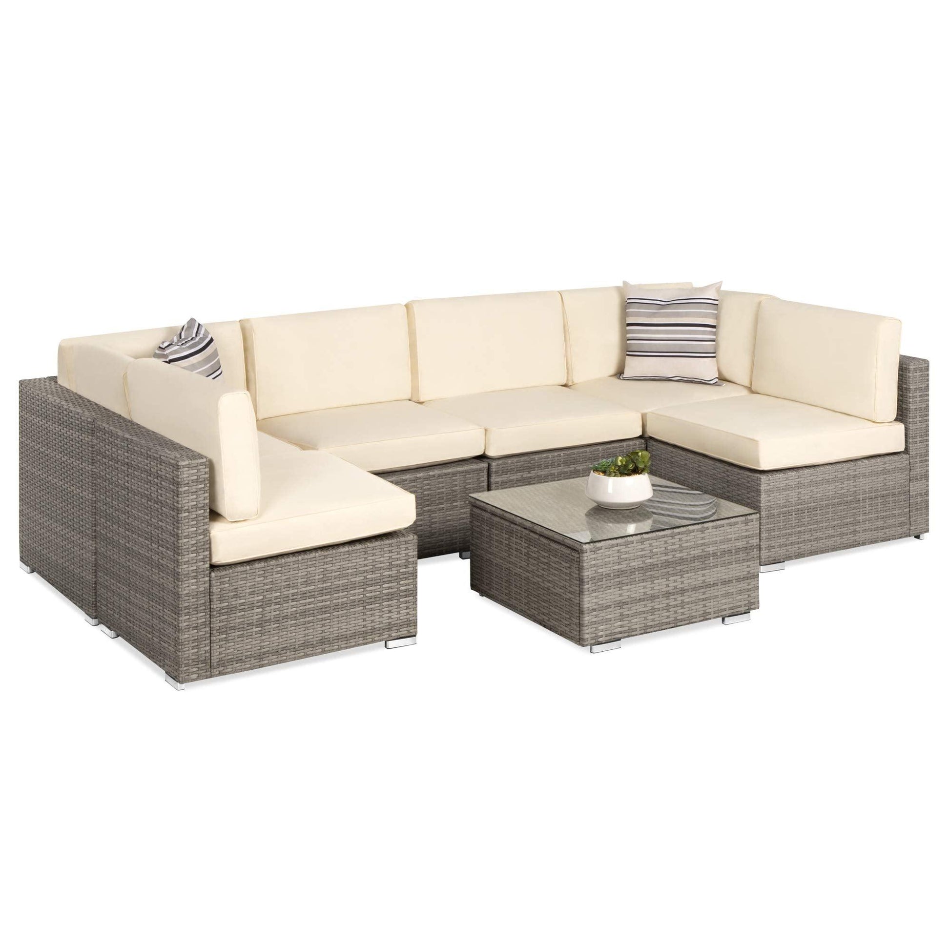 Best Choice Products 7-Piece Modular Outdoor Sectional Wicker Patio Furniture Conversation Sofa Set w/ 6 Chairs, 2 Pillows, Seat Clips, Coffee Table, Cover Included - Gray/Cream - CookCave