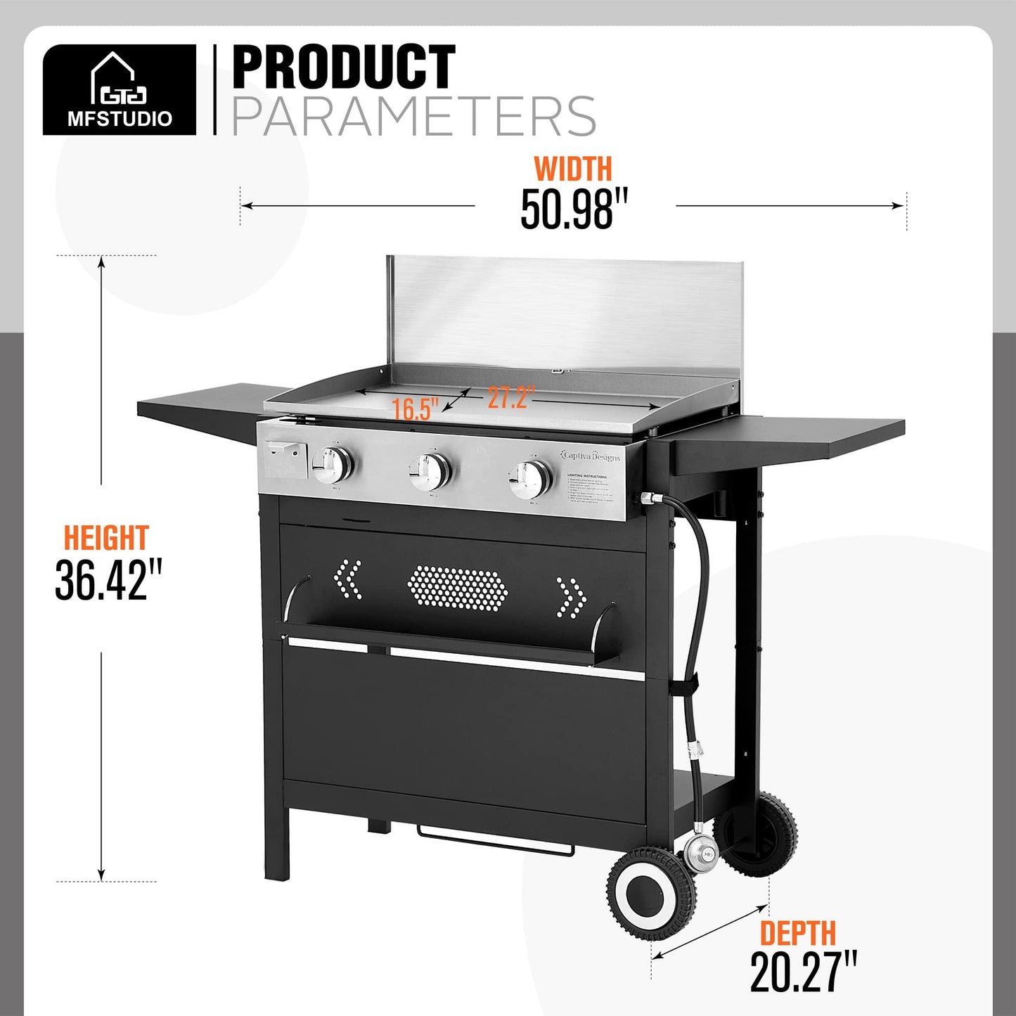 MFSTUDIO Flat Top Gas Griddle Grill with lid, 3 Burner Propane BBQ Grill Outdoor Cooking, Can be Used As a Table Top Griddle, for Camping, 33,000 BTU - CookCave