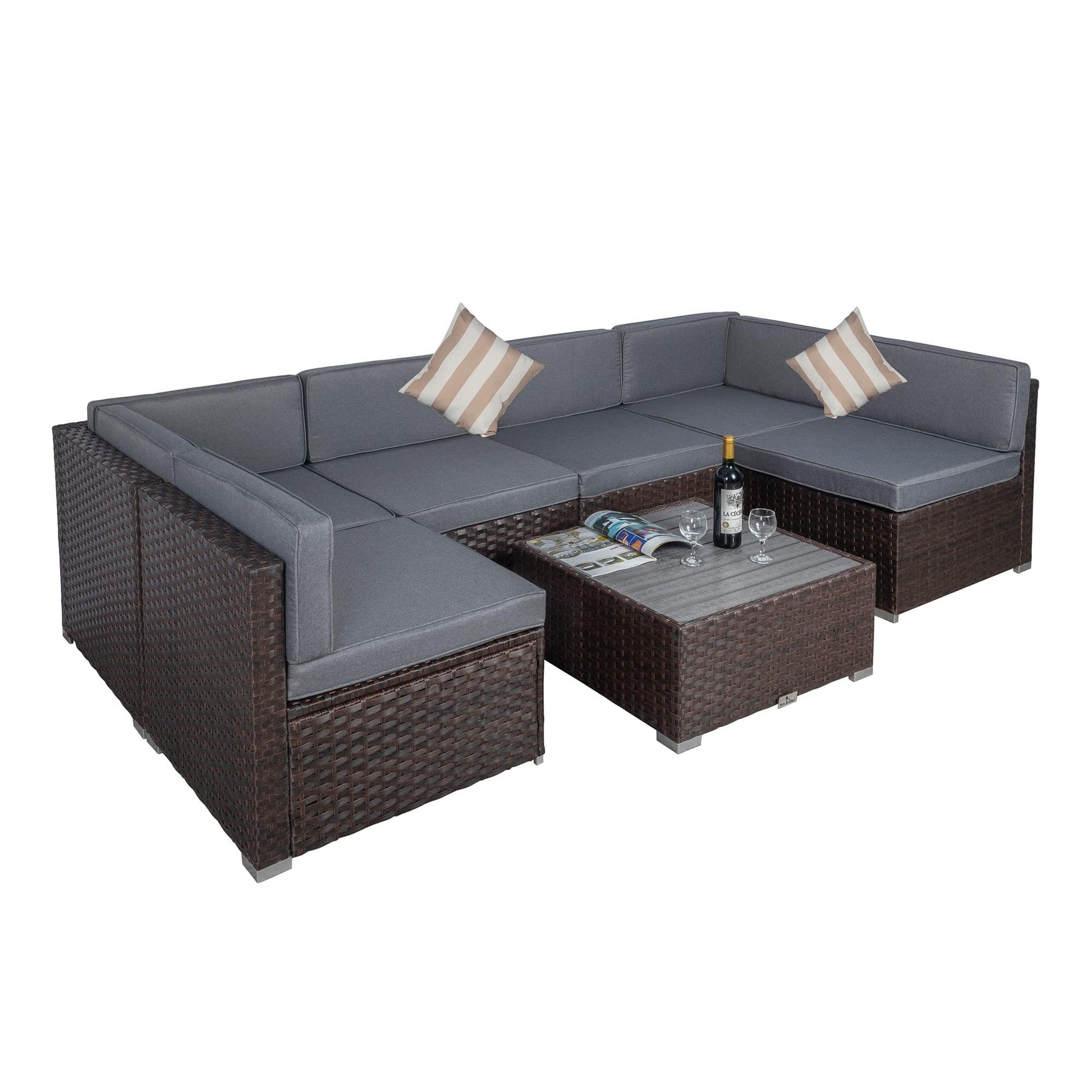 7 Piece Outdoor Patio Furniture Sets with Cushions, Outdoor PE Rattan Wicker Sectional Conversation Patio Couch Sofa Set with Coffee Table, for Garden, Deck, Poolside, Gray - CookCave