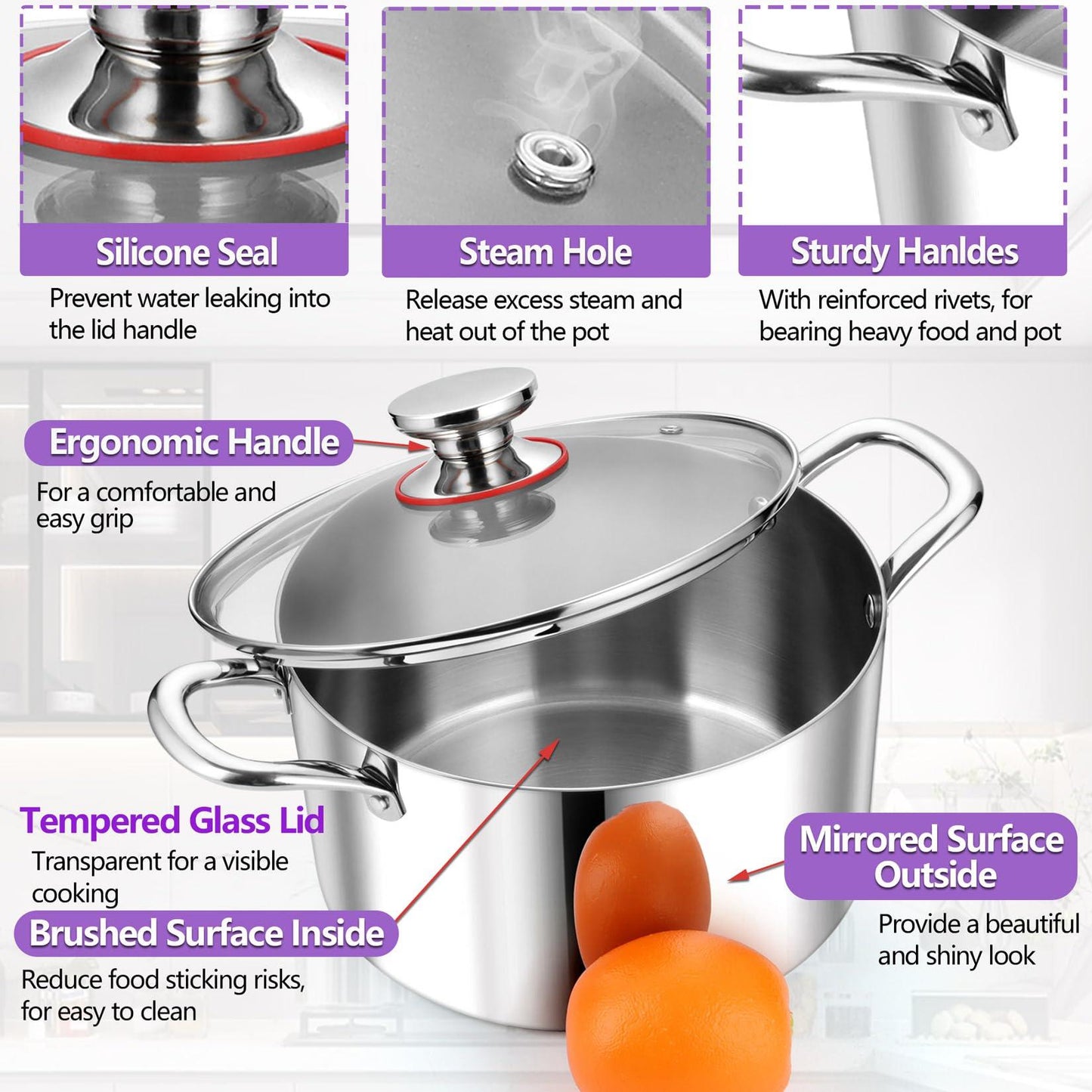 P&P CHEF Tri-Ply Stainless Steel Stockpot (5 QT), Large Stock pot with Visible Lid for Soup Pasta Vegetable, Induction Cooking Pot for All Stoves, Heavy-Duty Pot with Double Handle, Dishwasher Safe - CookCave