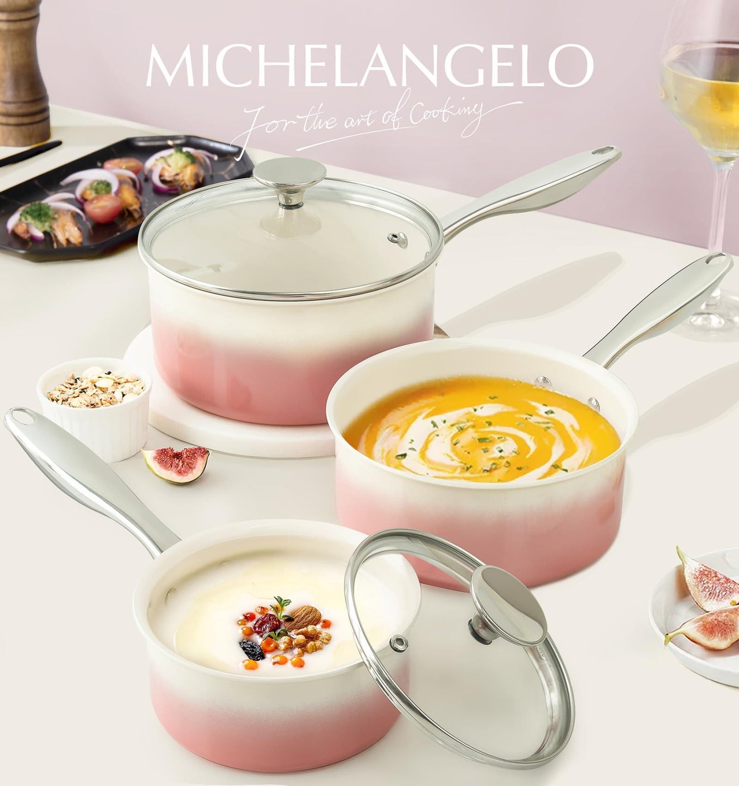 MICHELANGELO Sauce Pan with Lid, Ceramic Saucepan Set, 1Qt & 2Qt & 3Qt Sauce Pan Sets, Nonstick Saucepans with Stainless Steel Handle, Oven Safe, Pink - CookCave