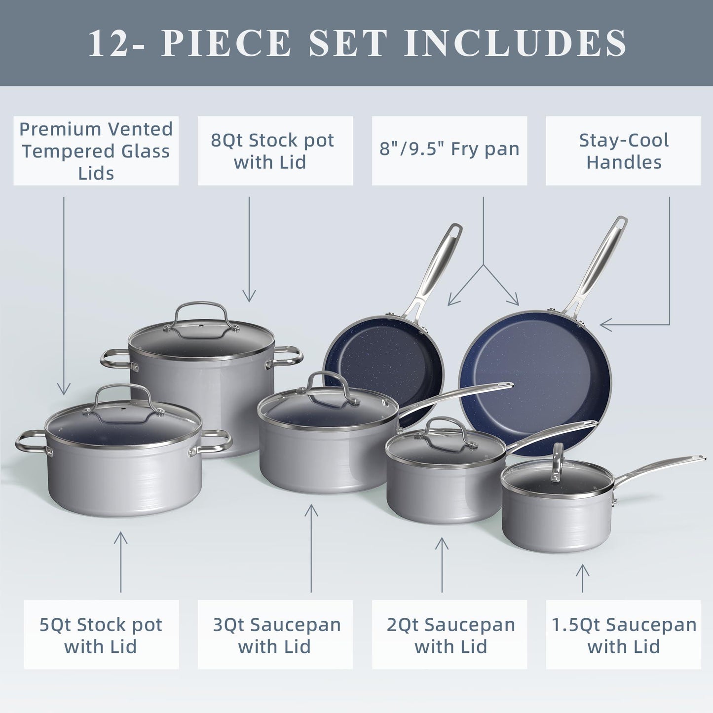 Nuwave Diamond-Infused Ceramic Nonstick Cookware Set, Scratch Resistant & PFAS Free, Oven & Dishwasher Safe with Tempered Glass Lids & Stay-Cool Handles - CookCave