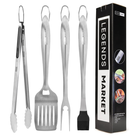 Legends Market BBQ Tools Grill Tools Set with Grill Tongs, Spatula, Forks, Brush - Stainless Steel Grill Kit Grilling Utensils Set - Perfect BBQ Grill Accessories for Outdoor - Gifts for Dad - 4 PCS - CookCave