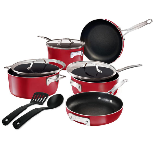 Gotham Steel STACKMASTER Pots Stackable 10 Piece Cookware Set Ultra Nonstick Cast Texture Coating Includes Fry Pans, Red - CookCave