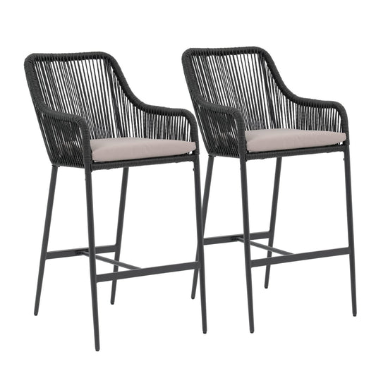 JOIVI Wicker Bar Stools Set of 2, Patio Outdoor Rattan Bar Height Chairs with Cushions, Armrest and Footrest for Indoor, Garden, Poolside, Lawn, Backyard, Black - CookCave