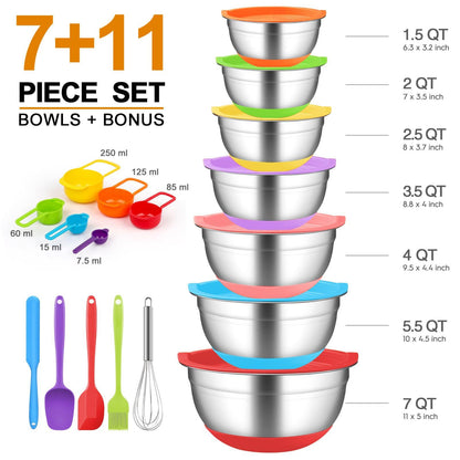 CHAREADA Mixing Bowls with Airtight Lids, 18pcs Stainless Steel Nesting Colorful Mixing Bowls Set Non-slip Silicone Bottom, Size 7, 5.5, 4, 3.5, 2.5, 2, 1.5 qt, Fit for Mixing & Serving - CookCave