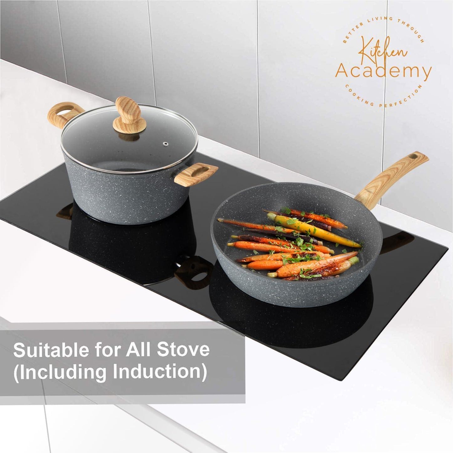 Kitchen Academy Induction Cookware Set - 17 Piece Gray Cooking Pan Set, Granite Non-Stick Pots and Pans Set - CookCave