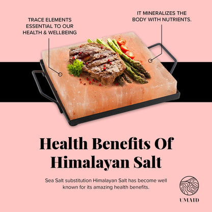 UMAID Himalayan Salt Block Cooking Plate 8x8x1.5 for Cooking, Grilling, Cutting and Serving, Food Grade Rock Salt Stone On Steel Tray with Recipe Pamphlet Unique Gifts for Men, Women, Dads & Cooks - CookCave