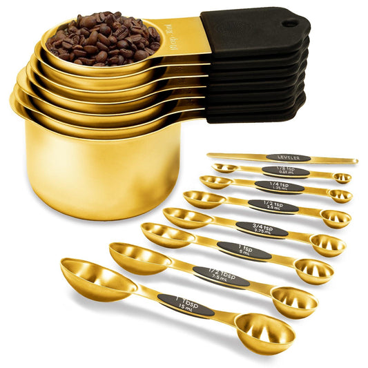 Magnetic Measuring Cups and Spoons Set, Including 7 Stainless Steel Nesting Gold Measuring Cups & 8 Magnetic Gold Measuring Spoons with 1 Leveler for Cooking & Baking - CookCave