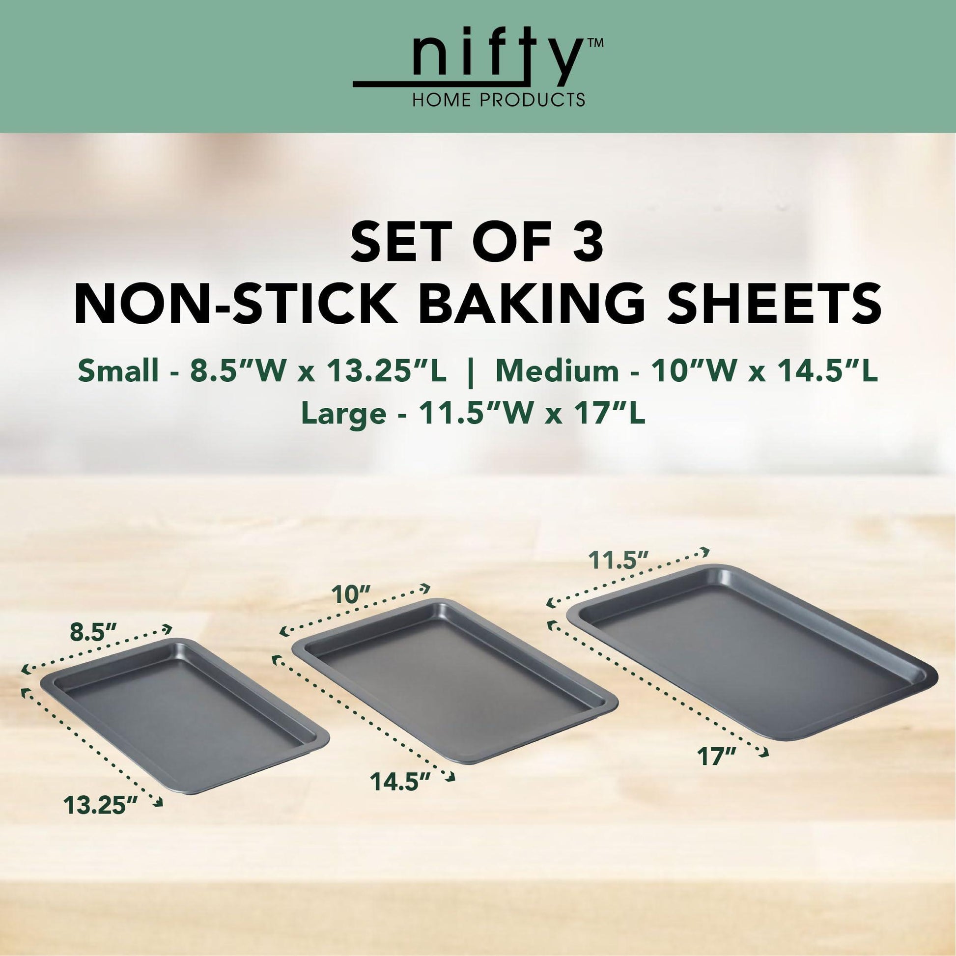 Nifty Cookie & Baking Sheets (Set of 3) – Non-Stick Coated Steel, Dishwasher Safe, Oven Safe up to 450 Degrees, includes Large/Med/Small Pans - CookCave