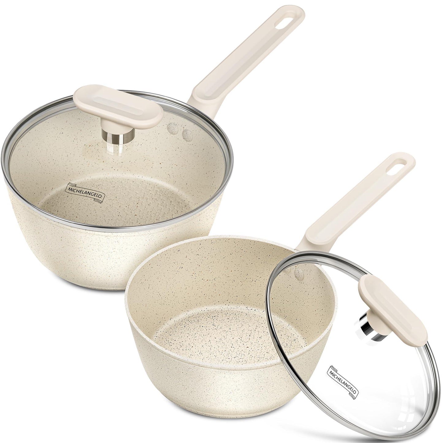 MICHELANGELO Sauce Pan, Nonstick Granite Sauce Pan Set with Lids 1.5 Quart & 2.5 Qaurt, Small Pot Set with Lids, Nonstick Saucepans with Lid, Stone Pot Set - White - CookCave