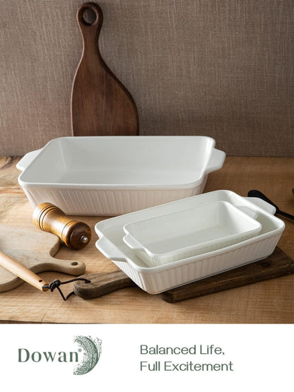 DOWAN Casserole Dishes for Oven, Ceramic Baking Dishes for Oven Set of 3, Lasagna Pan Deep, Baking Pan Set Rectangular Casserole Dish Set with Handles for Baking, White (15.6''/12.2''/8.9'') - CookCave