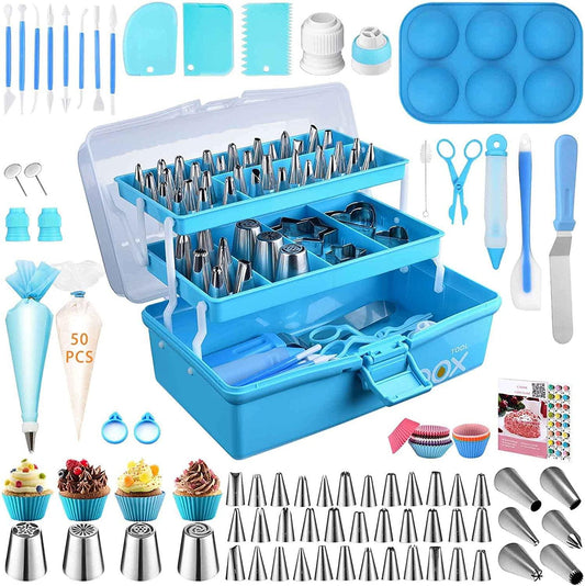 Cake Decorating Tools Supplies Kit: 236pcs Baking Accessories with Storage Case - Piping Bags and Icing Tips Set - Cupcake Cookie Frosting Fondant Bakery Set for Adults Beginners or Professional, Blue - CookCave