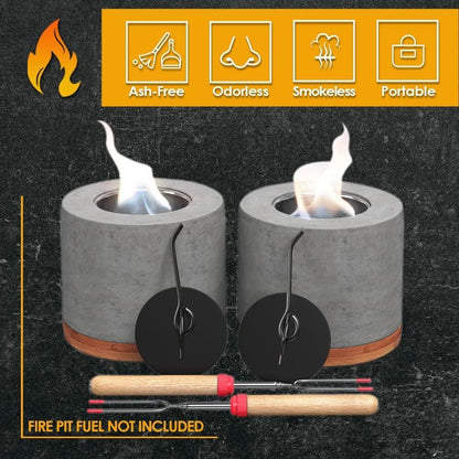 2 Pack Gardenix Decor Concrete Tabletop Fire Pit with Bamboo Base; Burns Ethanol and Multiple Fuels; 2 Extending Marshmallow Roasting Stick Forks; Table Top Fire Pit Bowl/Mini Tabletop Fireplace - CookCave