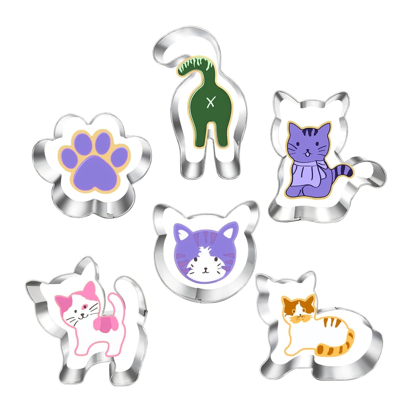 Cat Cookie Cutter (Set of 6) - Stainless Steel Cute Kitties, Body, Paw, Multi Shape mold for Cat Themed Parties and For Treats, cookies, cakes and more - CookCave