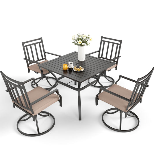 MFSTUDIO 5-Pieces Metal Outdoor Patio Furniture Dining Set, 4 Metal Swivel Chairs and Square Dining Table with Umbrella Hole, Black - CookCave