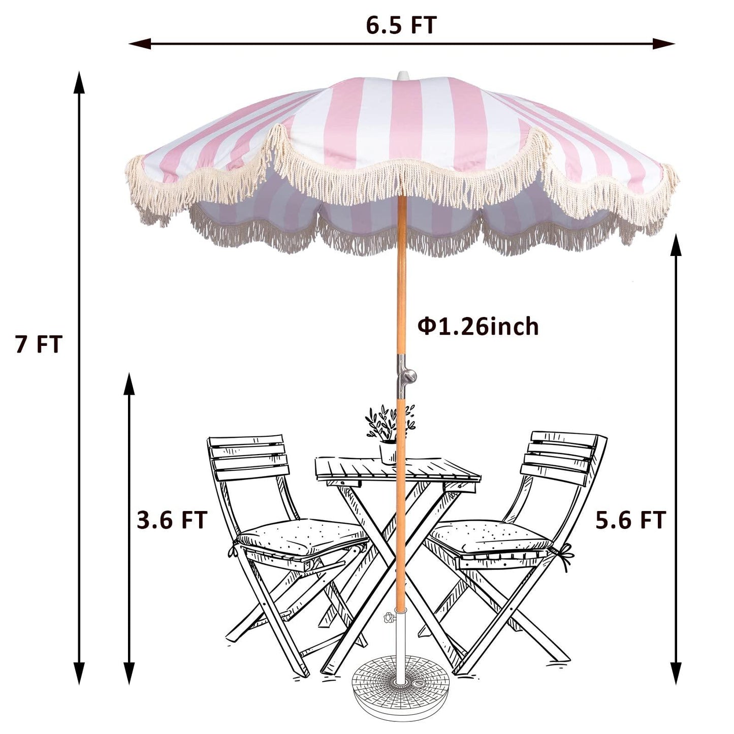 Funsite 6.5ft Boho Beach Umbrella with Fringe, UPF 50+ Tassel Umbrellas with Carry Bag, Premium Wood Pole Foldable Patio Umbrella for Outdoor Holiday Garden Lawn Pool Yard Table, Pink Stripe - CookCave