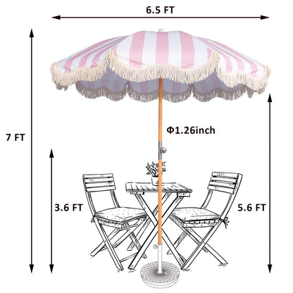 Funsite 6.5ft Boho Beach Umbrella with Fringe, UPF 50+ Tassel Umbrellas with Carry Bag, Premium Wood Pole Foldable Patio Umbrella for Outdoor Holiday Garden Lawn Pool Yard Table, Pink Stripe - CookCave