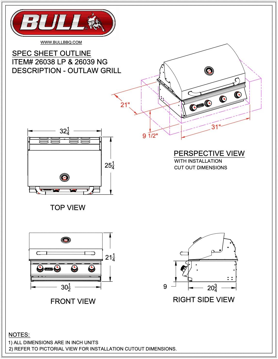 Bull Outdoor Products 26038 Liquid Propane Outlaw Drop-In Grill Head - CookCave