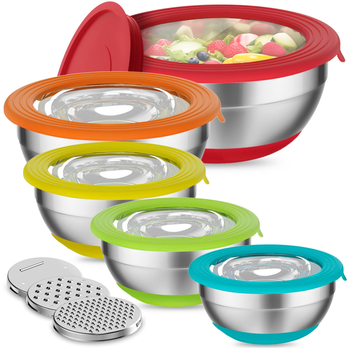 Humiwing Mixing Bowls with Lid Set, Mixing Bowls for Kitchen with Lids, Nesting Bowls with 3 Grater Attachments & Non-Slip Bottoms for Mixing, Serving, Baking, Prepping - CookCave