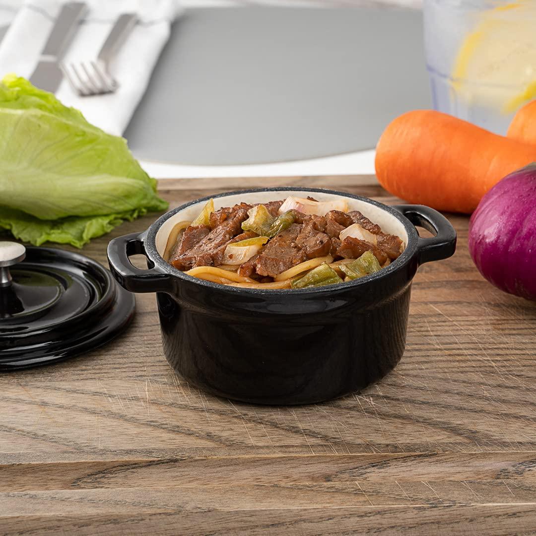 Restaurantware 8 Ounce Mini Casserole Dish, 1 Mini Dutch Oven With Lid - Enameled, Round, Black Cast Iron Mini Cocotte, Heavy-Duty, For Baking, Braising, or Roasting - CookCave