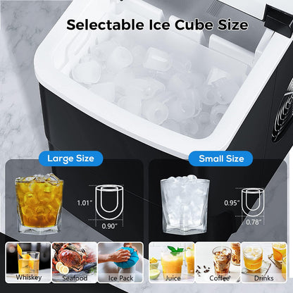 AGLUCKY Ice Makers Countertop with Self-Cleaning, 26.5lbs/24hrs, 9 Cubes Ready in 6~8Mins, Portable Ice Machine with 2 Sizes Bullet Ice/Ice Scoop/Basket for Home/Kitchen/Office/Bar/Party, Black - CookCave