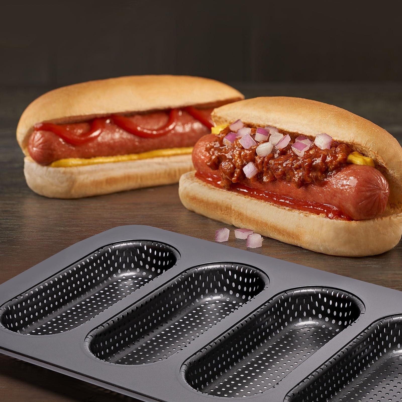 Yomvzake Hot Dot Bun Pan Set of 2, Perforated Carbon Steel Non-Stick Hotdog Bun Mold Bread Forms Crispy Mini Baguette Sandwich Baking Tray for Hot Dog Bun Rolls - CookCave