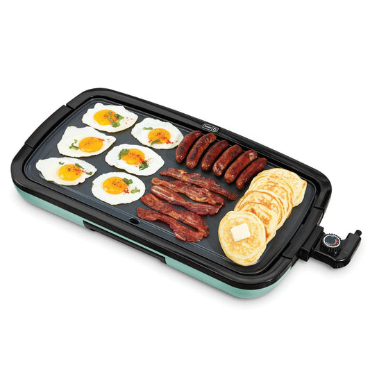 DASH Deluxe Everyday Electric Griddle with Dishwasher Safe Removable Nonstick Cooking Plate for Pancakes, Burgers, Eggs and more, Includes Drip Tray + Recipe Book, 20” x 10.5”, 1500-Watt - Aqua - CookCave